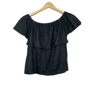 Saks Fifth Avenue Women's XS Black Linen Ruffle Top Blouse Elastic Neckline